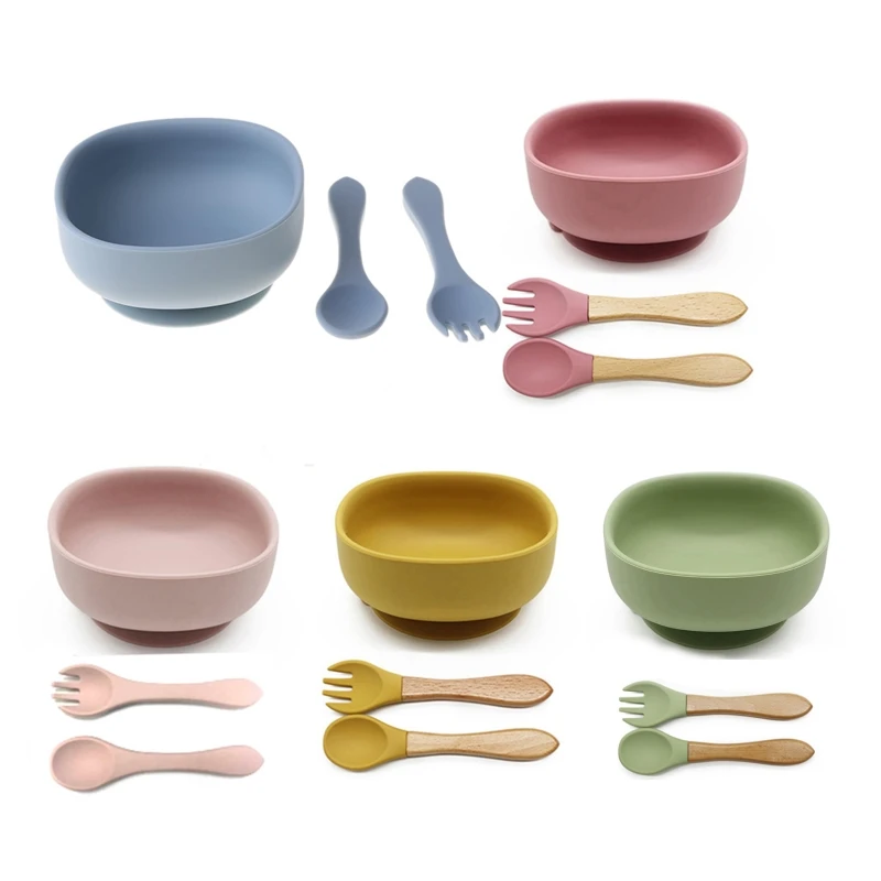 

Baby Feeding Bowl Spoon Fork Set Anti Slip Silicone Suction Divided Plate Tray