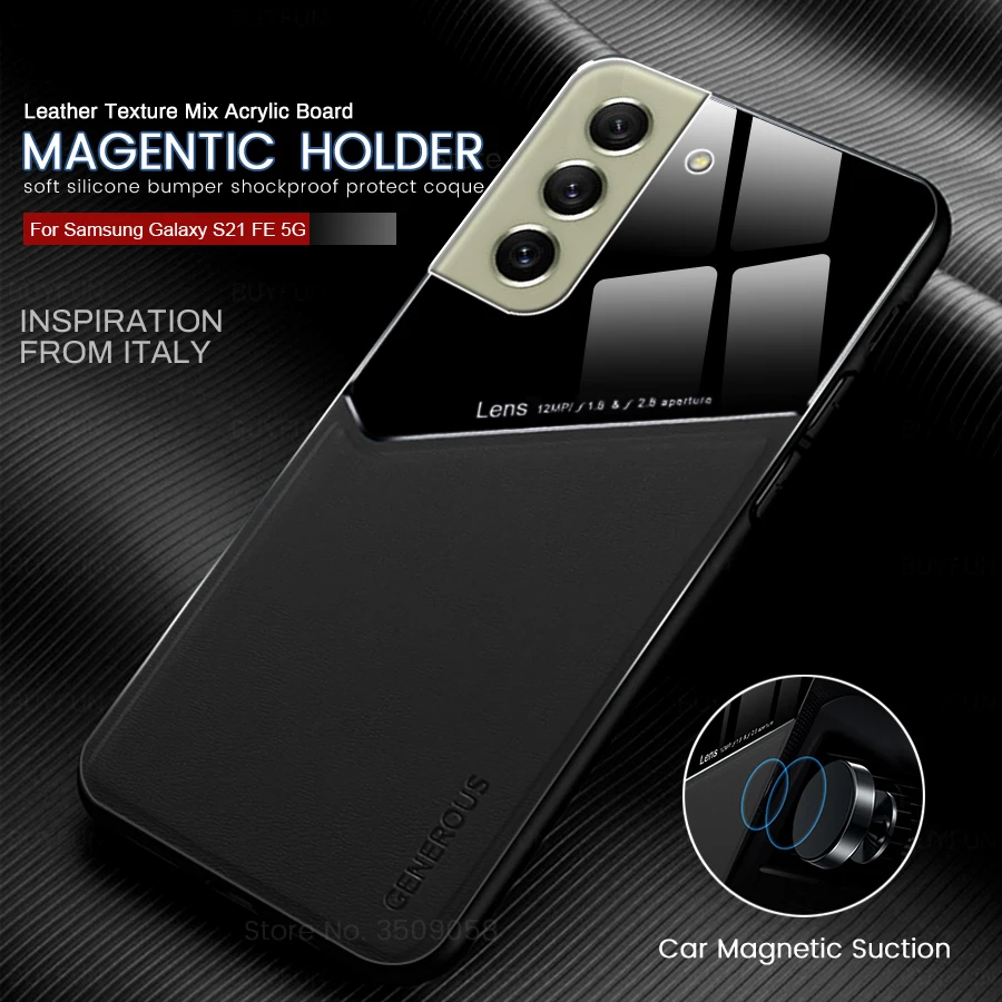 Sumsung S21 FE Case Car Magnetic Holder Leather Cover For Samsung Galaxy S21 FE 5G S21FE S 21FE 21 FE Soft Frame Protect Coque