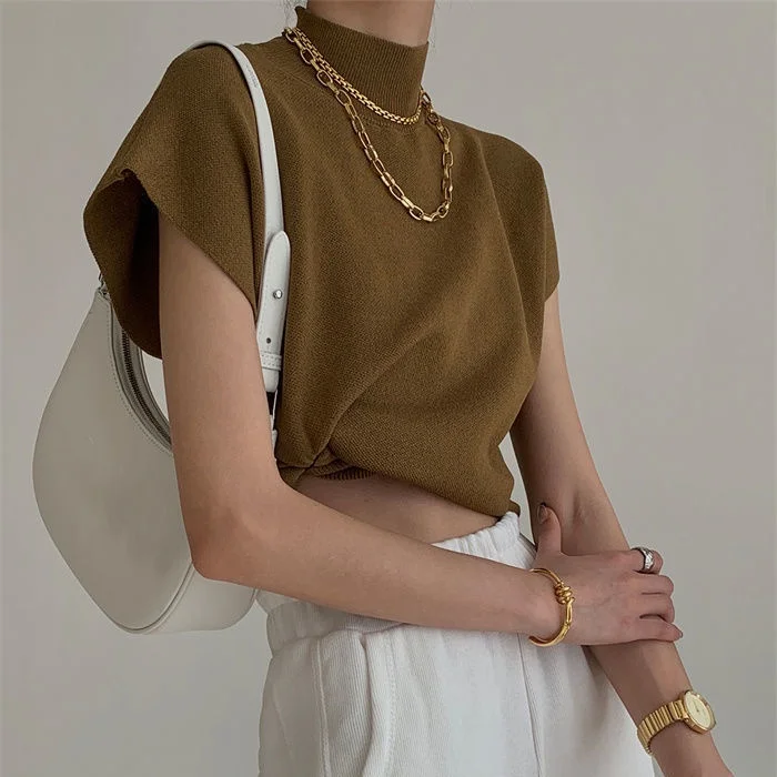 

Ihkke Half High Neck Waistcoat Knitted Vest Women T-Shirt Loose