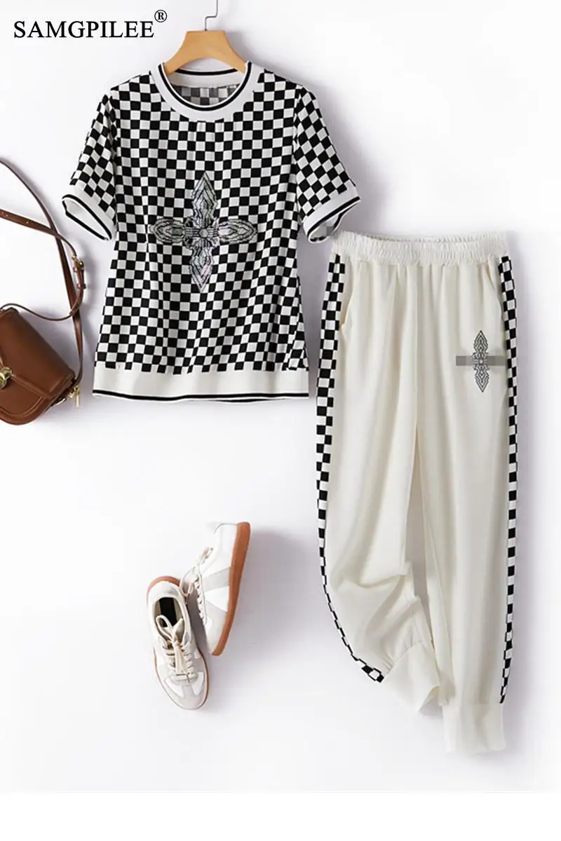 Two Piece Sets Womens Outifits Contrast Plaid Hot Drill O Neck T-shirt Beam Mouth Elastic Waist Women's Pants Set Woman 2 Pieces 6 Two Piece Sets Womens Outifits Contrast Plaid Hot Drill O Neck T-shirt Beam Mouth Elastic Waist Women's Pants Set Woman 2 Pieces 6