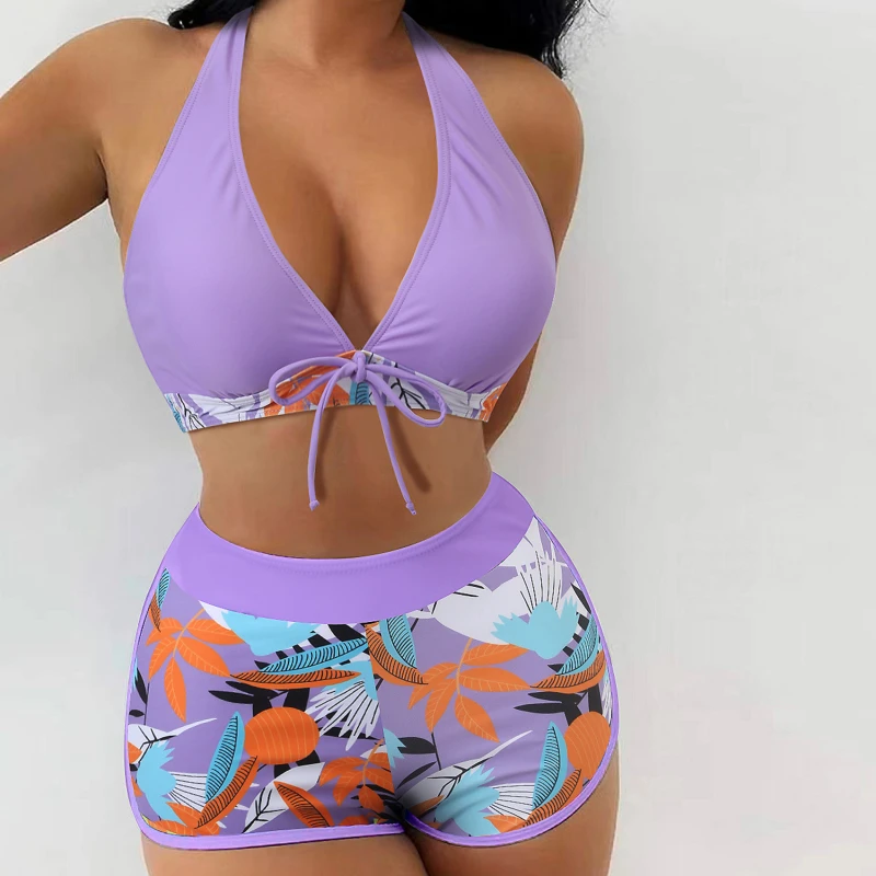 

Fashion New Style Swimsuit Women's Split High Waist Flat Angle Lace Up Print Solid Color Patchwork Mesh Red Swimsuit