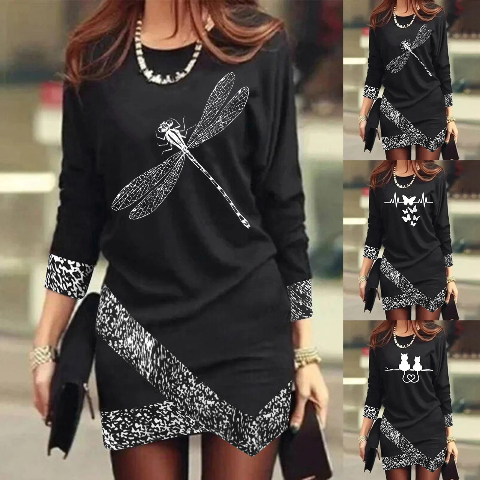 

Women's Casual Printing Skirt Round Neck Long Sleeve Irregular Hem Dress Long Sleeve Fall Dresses for Women