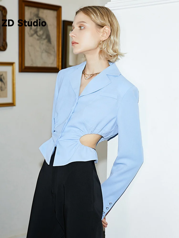 

[ZD Studio] Women Blue Hollow Out Short Blazer New Lapel Long Sleeve Loose Fit Jacket Fashion Tide Spring Autumn 2023 1DE3026