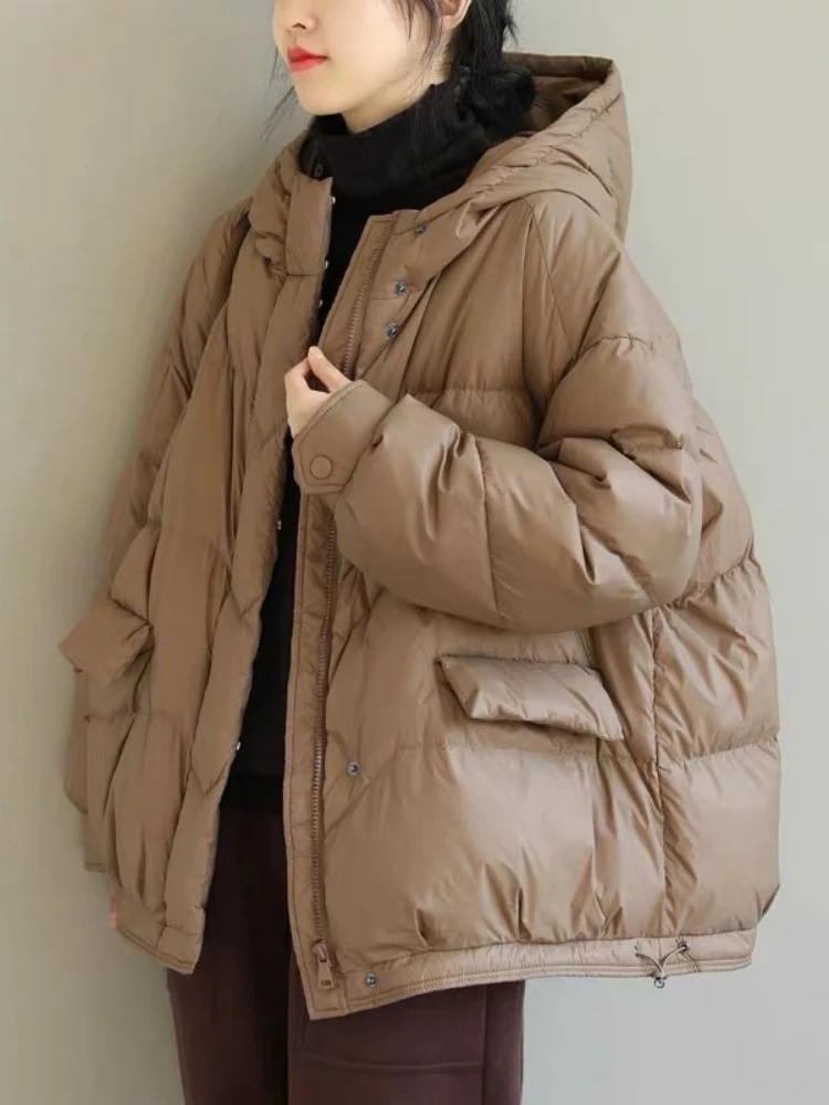 2022  Winter Jacket Women New Fashion Hooded Loose Solid Color Thick Coat 90% White Duck Down Collar Warm Outerwear Streetwear