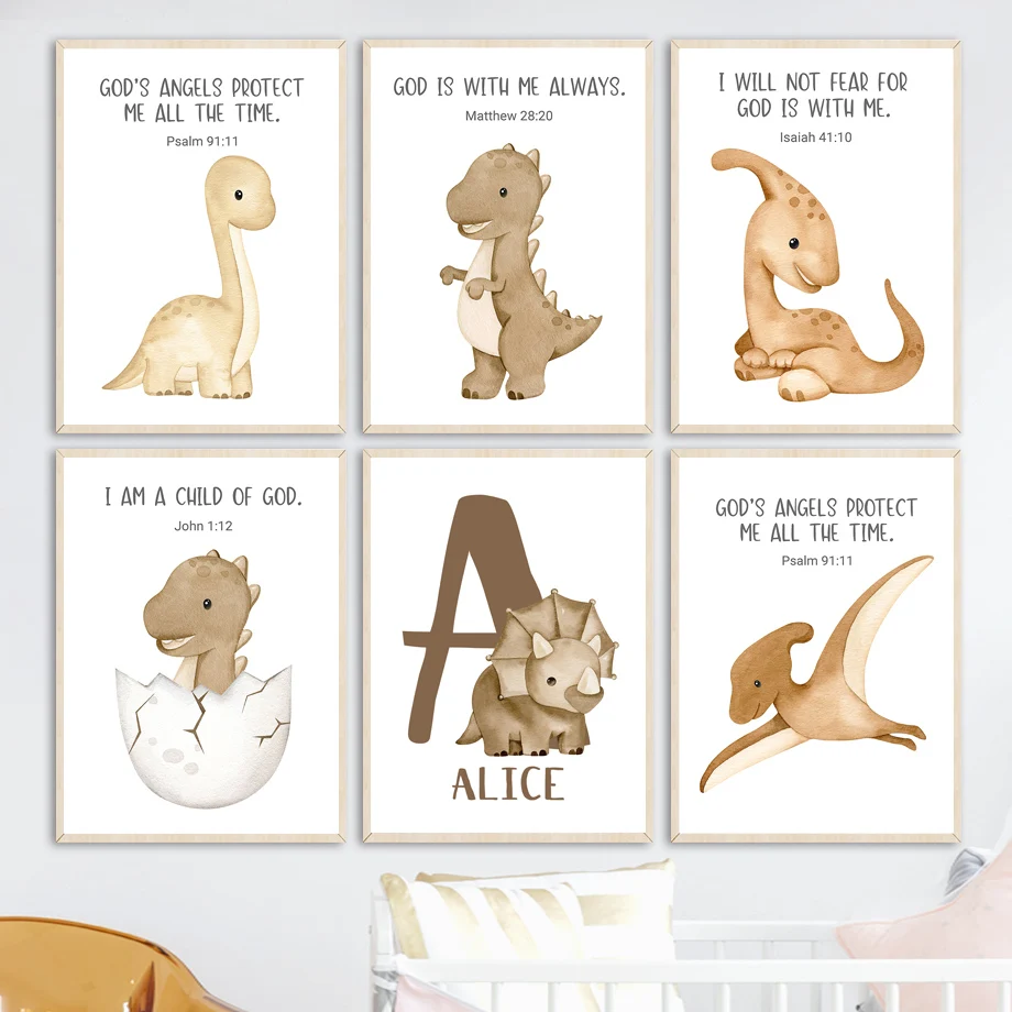 

Dinosaur Children Bible Name Custom Wall Art Canvas Painting Nordic Posters And Prints Wall Pictures Boy Kids Room Nursery Decor