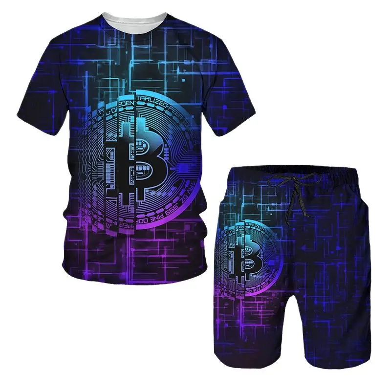 Bitcoin Pattern T Shirt For Men Casual Shorts 2 Piece Outfit Fashion Trend Summer Sports Sets Funny Streetwear Short Sleeve Tops