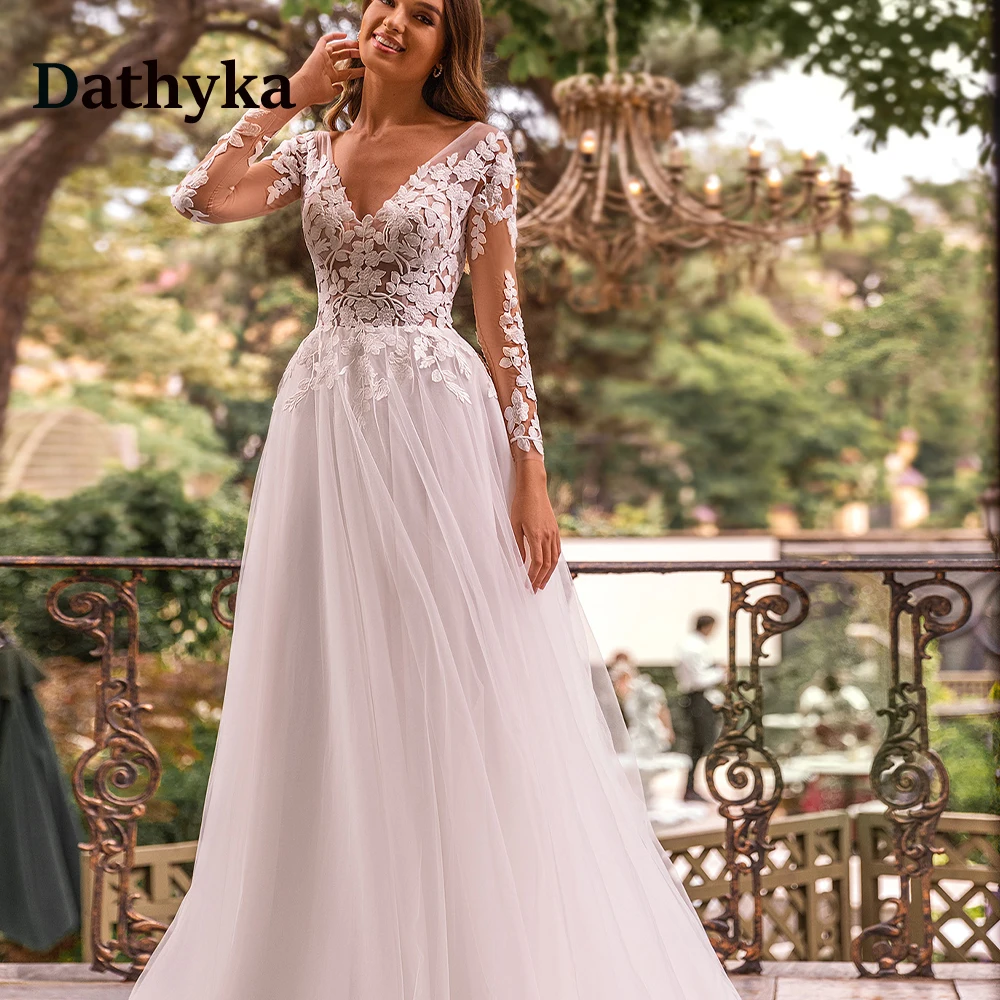 

Dathyka Modern Lace Long Sleeves Wedding Dress For Mariages Simple Illusion Wedding Gown For Bride Personalize Robe De Mariée
