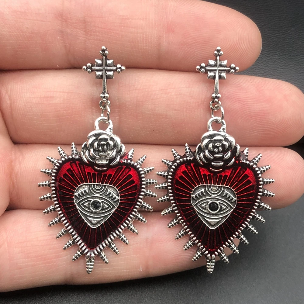 

New Cross Occult Diablo Goth Piercing Drop Earrings Personality Rose Heart Oil Gothic Women's Earings Retro Hanging Jewellry