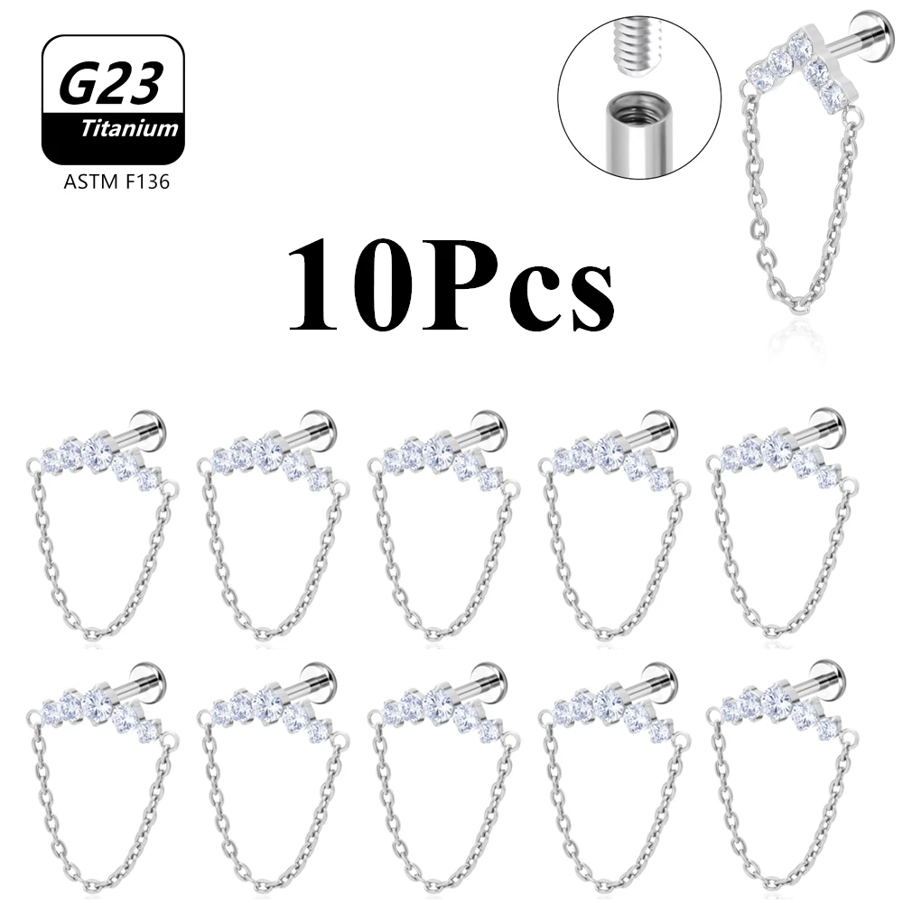 

10PCS 16G G23 Titanium Body Jewelry Labret 1.2mm with Chain and Stones Lip Bar Ear Helix Tragus Rook Stud Implant Grade Piercing