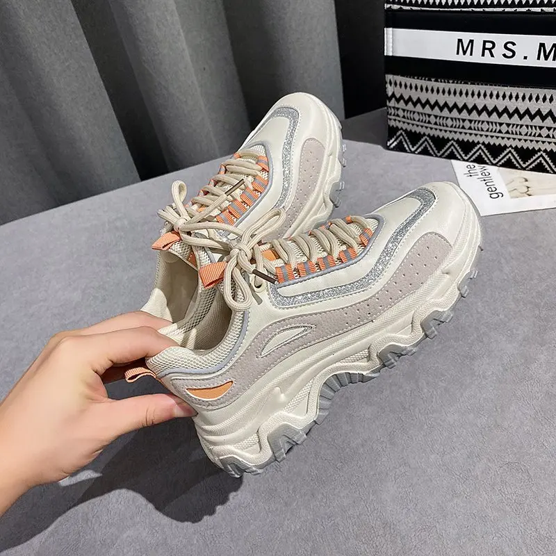 

2021 New Chunky Sneakers Women Mesh Mixed Colors Cross-Tied Fashion Platform Lady Casual Shoes Handmade Zapatos Mujer Size 35-40