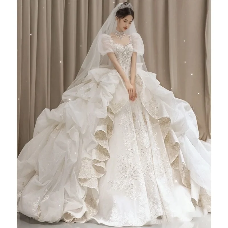 

French White Women Wedding Dress New Bride High Quality Luxury Heavy Industry Palace Style Big Tail Main Yarn Cos Bride Suit