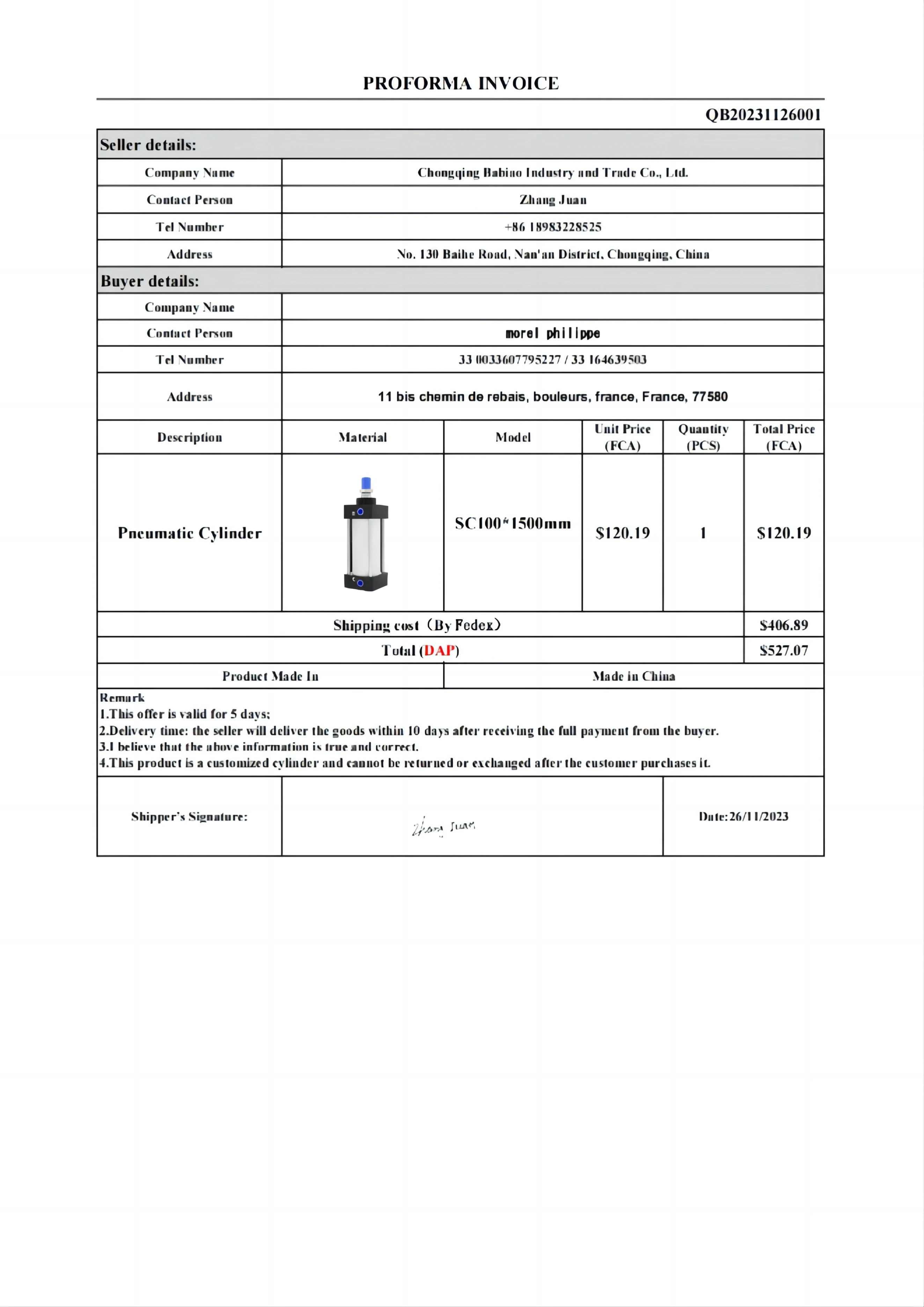 

Pneumatic cylinder SC100*1500