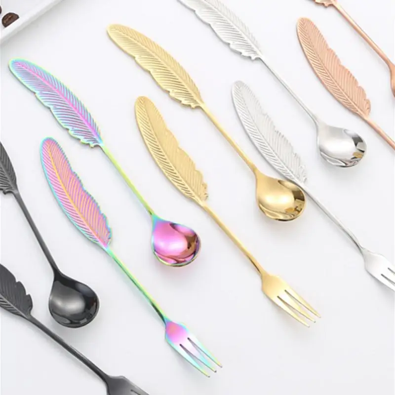 

1/2pcs 304 Stainless Steel Spoon Gold Silver Fork Spoon Creative Gift Spoon Feather Spoon Fork Tableware Spoon Fork Dinnerware