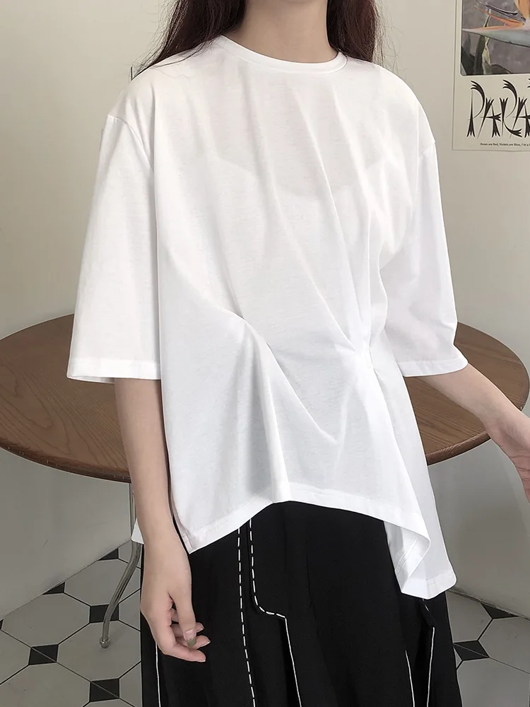 

Women's Irregular Design Dark Short Sleeve T-Shirt Summer 2022 New Japanese Fashion Personalized Pleated Black Versatile Top