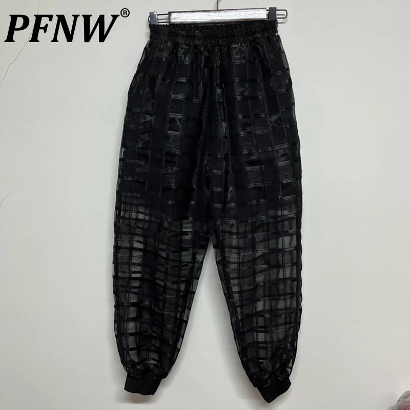 

PFNW Summer Men's Perspective Plaid Embroidered Organza Pants Versatile Niche Deisgn Breathable Abstract Pencil Trousers 12Z1483