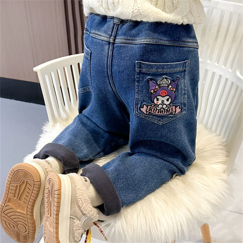 

Sanrios Y2K Children's Winter Thickened Pants Cute Melody Jeans for Girls Kuromi Cinnamoroll Children Cothes Girl Christmas Gift