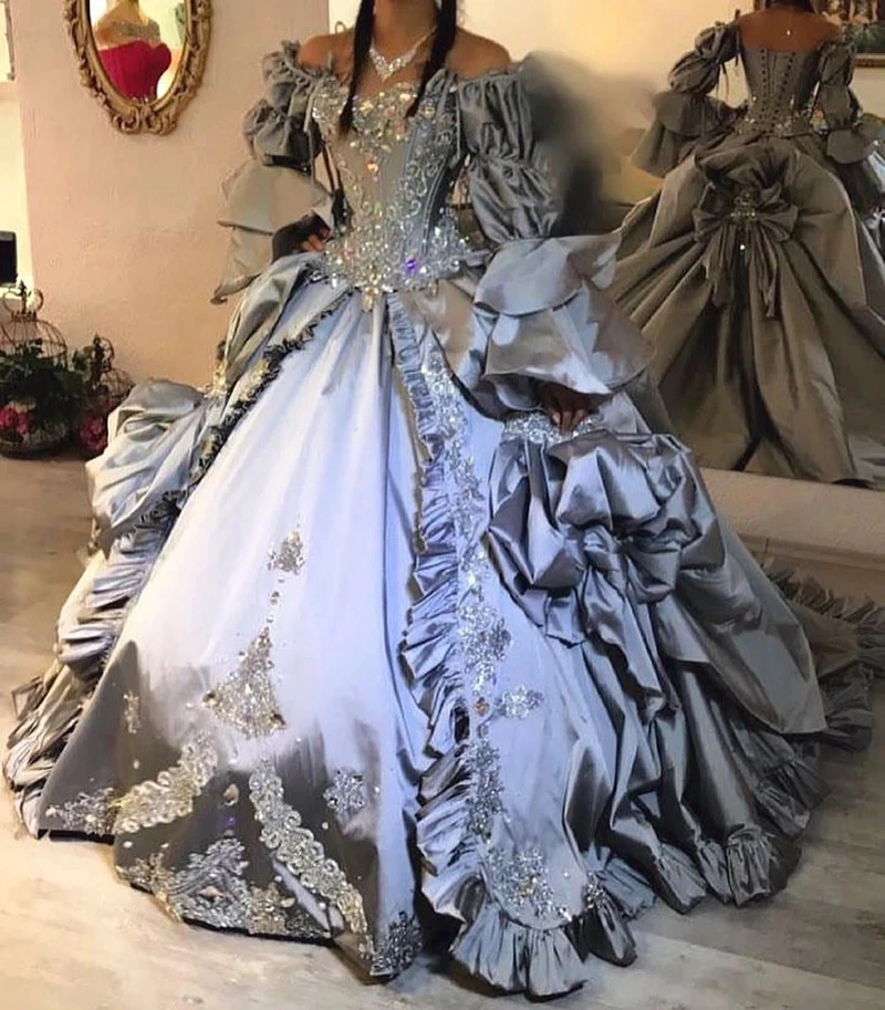 

Серебристо-серое готическое платье принцессы для выпускного вечера с длинным рукавом викторианской суеты на шнуровке корсет Пышная юбка в...