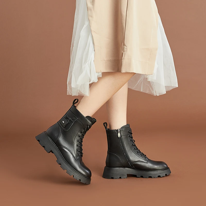 

Kangnai Women Boots Cow Leather Side Zipper Belt Buckle Ankle Boots Lace-Up Thick Sole Female Shoes