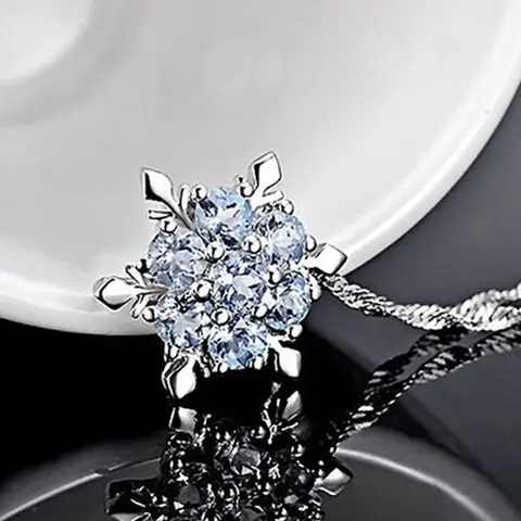 Hot Sale Women\'s Fashion Silver Plated Dazzing Snowflake Blue Rhinestone Necklace Pendant