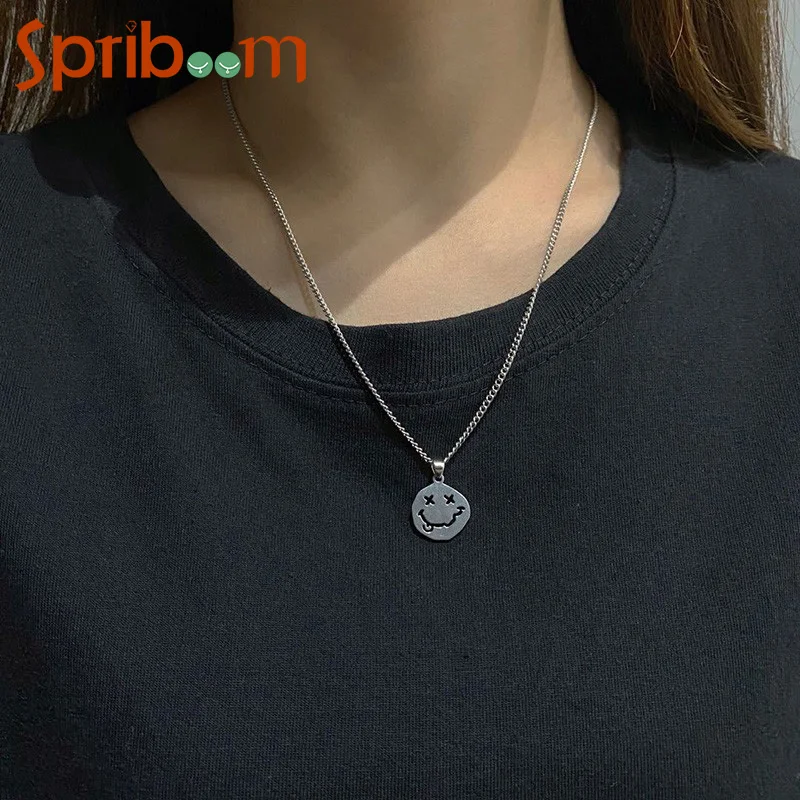

Hip Hop Necklaces for Men Women Smiling Face Pendant Necklace Kpop 2021 Trend Jewelry Gothic Chain On Neck Couple Gift