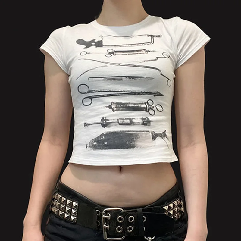 Темная укороченная футболка с принтом готические повседневные тонкие футболки