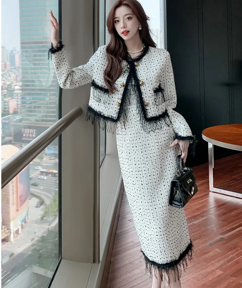 

Осенне-зимний женский короткий пиджак с бахромой и длинная юбка