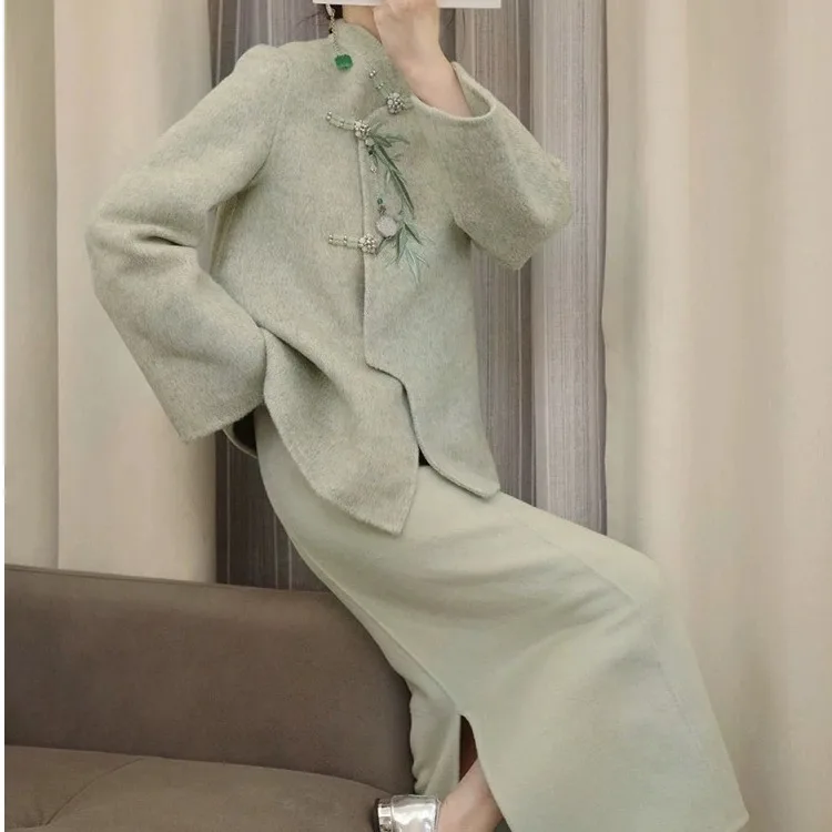 New Chinese Zen Embroidery Women clothes National Sle Top Design Improved High end Green Woolen Jacket Autumn and...