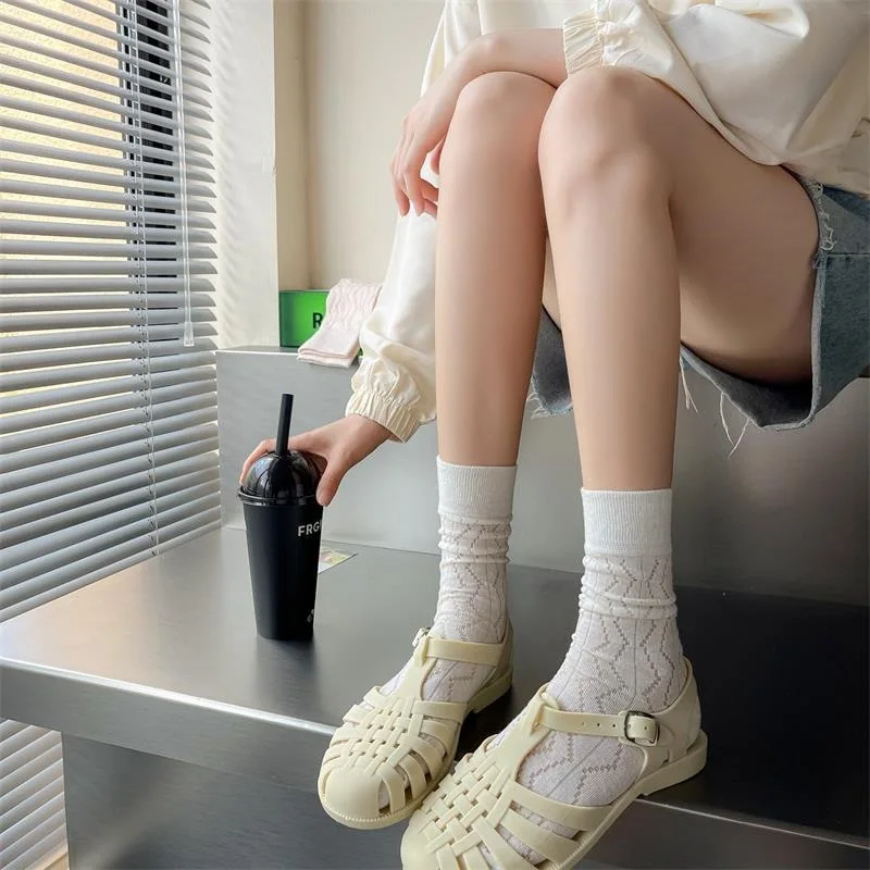 1Pair New New hollow socks women's mid-tube socks Japanese solid color mesh breathable thin cotton socks