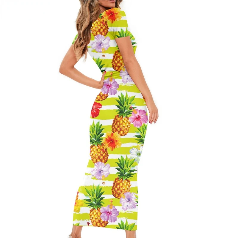 

Women's Sexy Bodycon Short Sleeve Dress Tropical Pineapple With Hibiscus Pattern Teen Girls Streetwear 2022 Stylish Robe