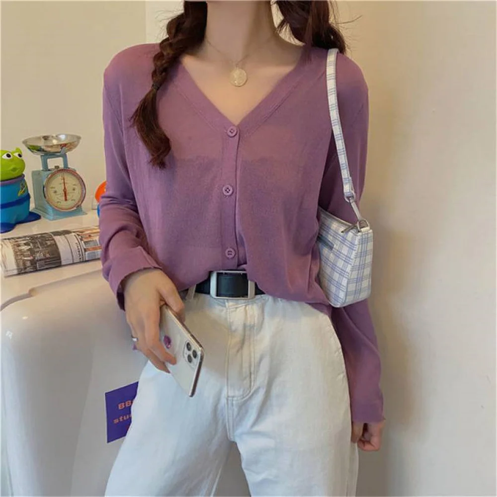 

Women Shirts Blouses Thin Section Sunscreen Air-conditioned Cardigan Korean Summer Loose V-neck Long Sleeve Female Clothing