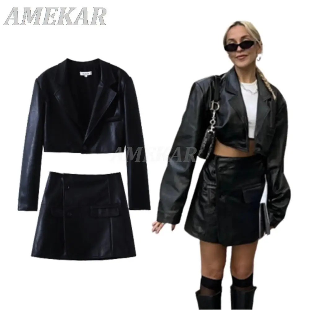 Women's Set Solid Black Faux Leather Blazer Skirt Sets Spring Fashion Suits Lady Button Short Coat+ Slit Mini Skirt 2 Piece Sets