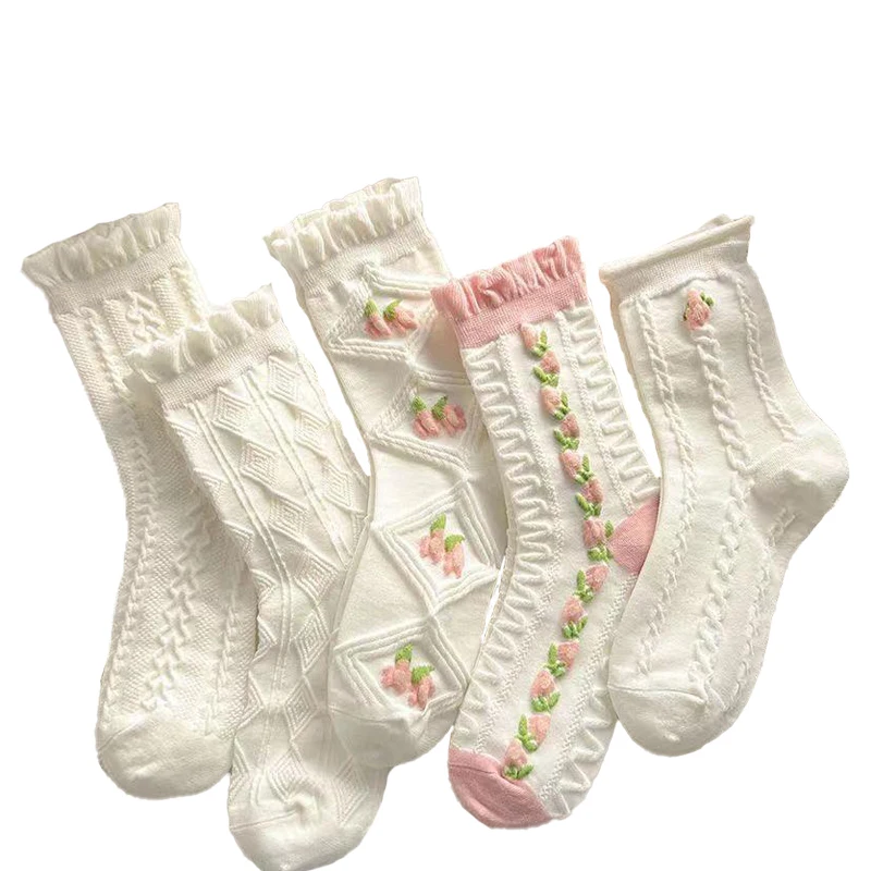 5 Pieces/white Floral Mid-tube Socks Women's Trendy Japanese Powder Fog Color Student Loli Spring Thin Section JK Socks Pink New