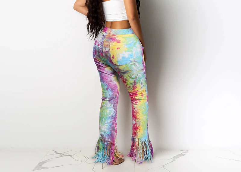 Women's 2023 Jeans Woman Lady Fashion Temperament Tie-Dye Tassel Micro-Flare Casual Pants
