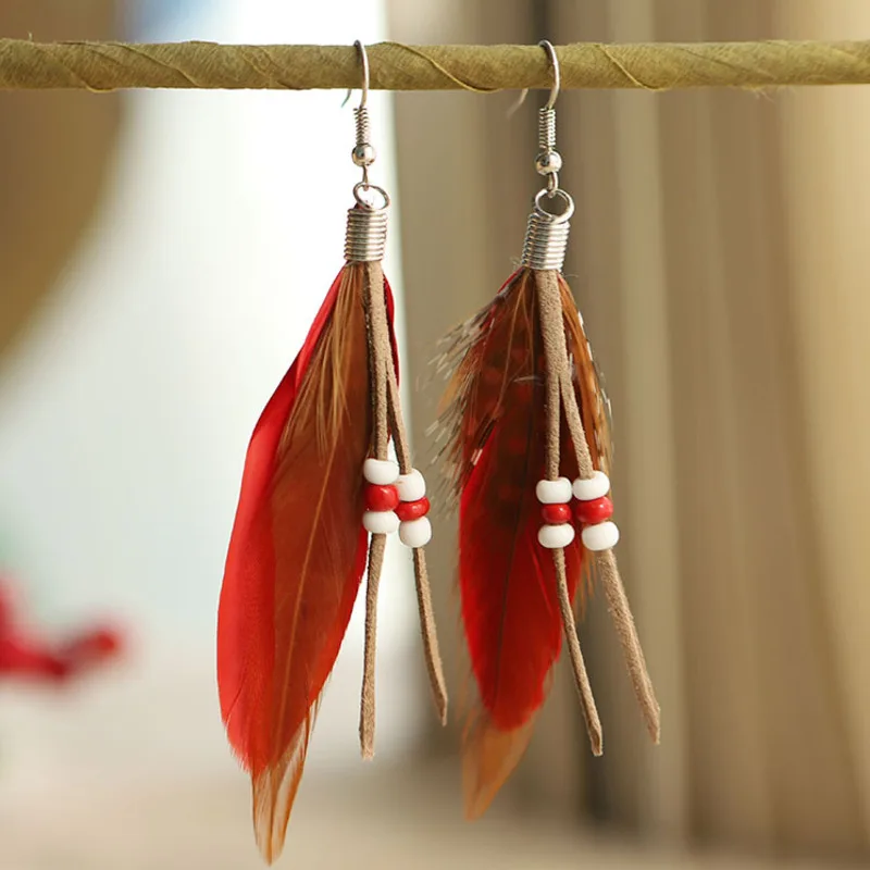 

New Vintage Women Feather Earrings Bohemian Leather Rope Bead Tassel Earrings
