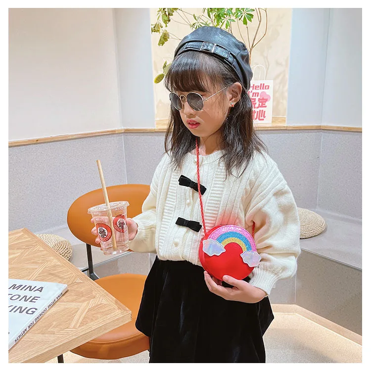 Lovely Children's Round Shoulder Bags Cartoon Cute Rainbow Coin Purse for Girls Baby PU Leather Sequins Kids Mini Coin Purse