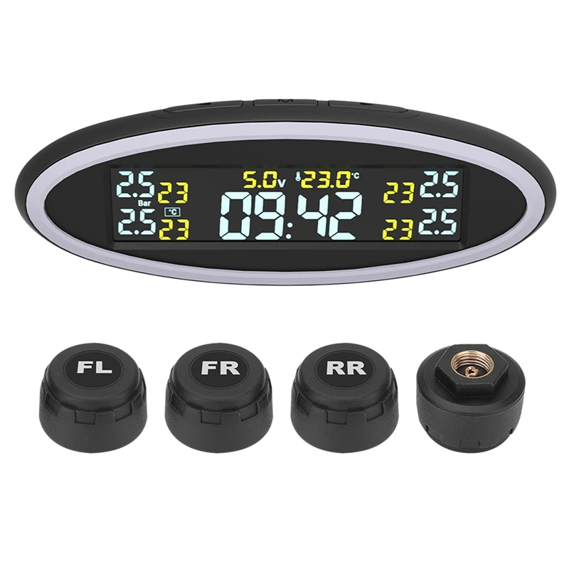 

12V USB Tire Pressure Monitoring System Car TPMS LCD Display Pressure Alarm with Atmosphere Alert Lamp External Sensor
