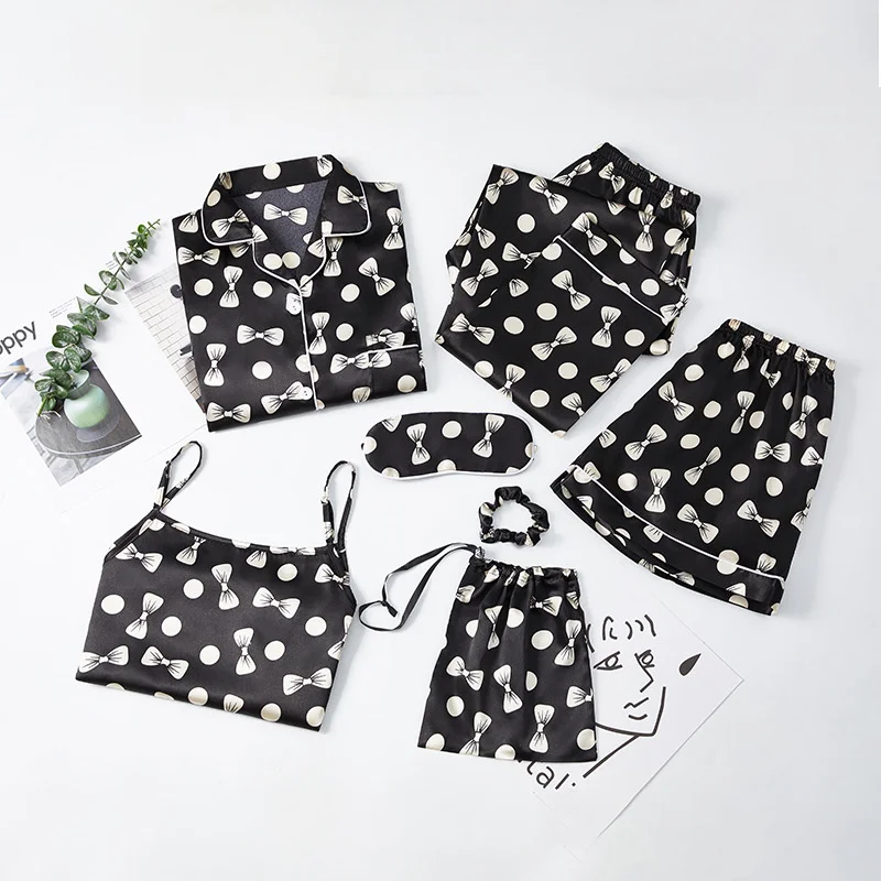 Fashion Pajamas Set Women Sweet Stripe Print Flower Full-Sleeve Belt Shirt Pyjamas Top Rayon Homewear Clothes Big Size