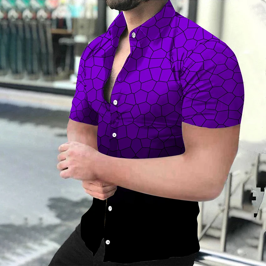 

Fashion men's shirts turn-down collar buttoned Hawaiian shirt casual gradient print short sleeve tops cardigan men's clothing