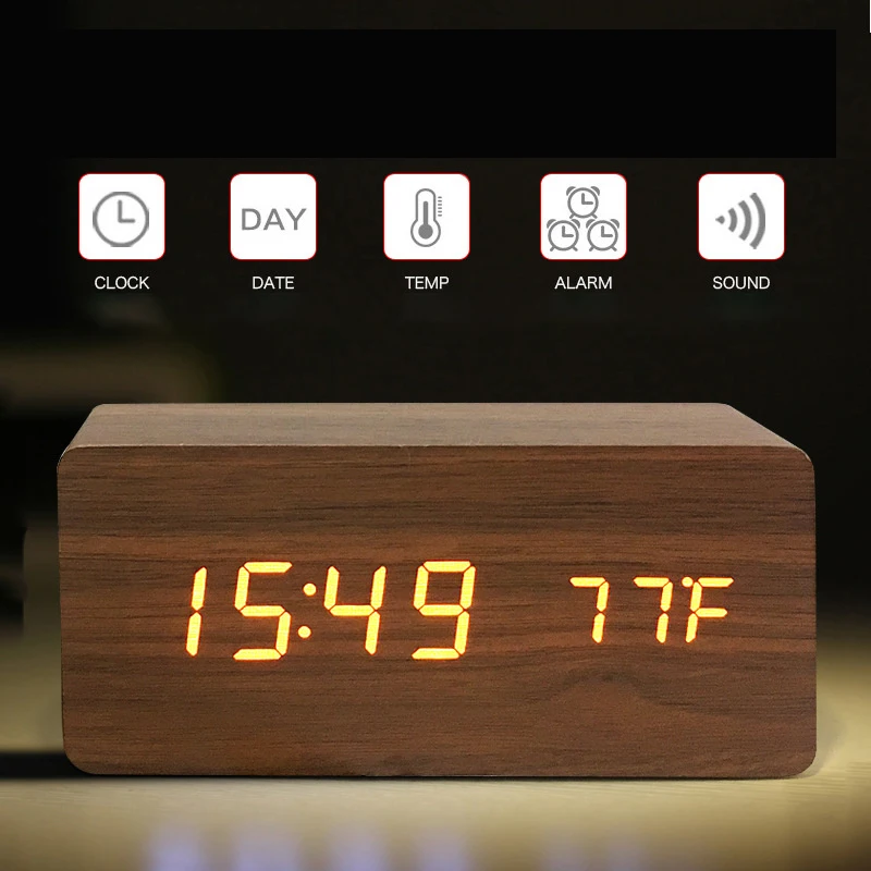 

Электронные настольные часы, светодиодный Деревянный Будильник с голосовым управлением, питание от USB/AAA