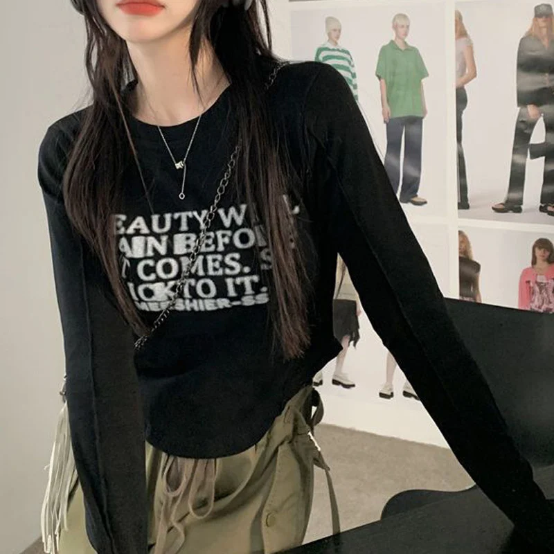 

Женский укороченный топ с буквенным принтом, повседневная облегающая футболка с длинным рукавом в Корейском стиле Харадзюку, Y2K, 2023