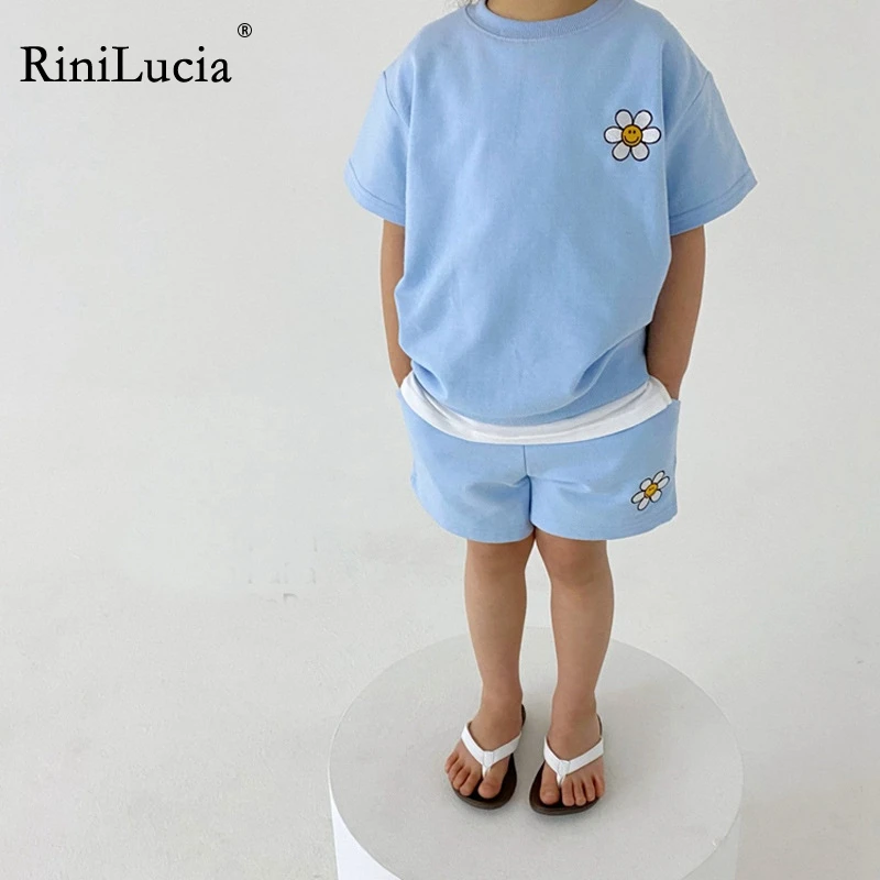 RiniLucia 2pcs/set 2022 Soild Colorful Cotton Suit Children's Short Sleeve T-shirt+pants Baby Boys Girls Outfits Clothes Fashion
