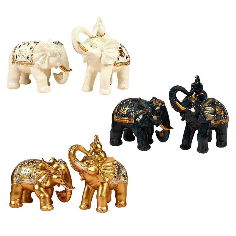 

2Pcs Resin Elephant Statue Collectible Feng Shui Sculpture Wealth Lucky Animal Figurine with Facing Upwards Home Office