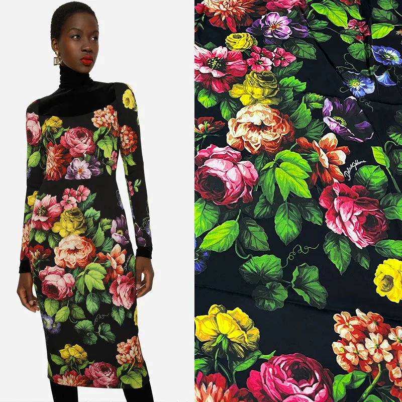 

Gorgeous and Retro Style Large Flowers High Quality Imitation Silk Soft Drape Women's Skirt Spring and Summer Polyester Fabric