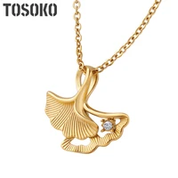 tosoko stainless steel jewelry fan shaped geometric beautiful pendant zircon necklace gingko leaf clavicle chain bsp409