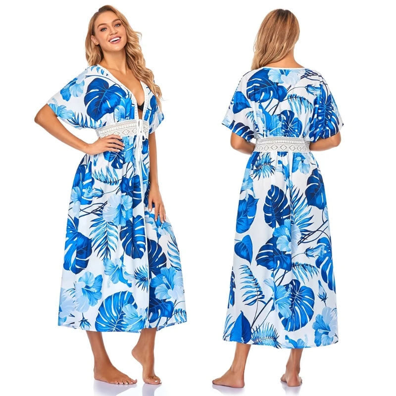 

Bikini Swimsuit Cover Up Blue Palm Leaves Print Kimono Cardigan Open Front Beach Dress Lace Splicing Beachwear