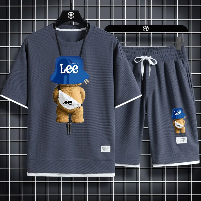 Summer brand new L men's sports ee T-shirt + shorts set brand casual breathable jogging pants hip-hop fashion clothing 2023