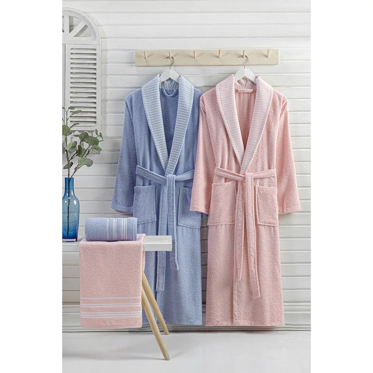 Özenev Royal 4 Piece Family Robe Set Cotton Soft Plaids Luxury Geometric Cream Water Green Quality Elegant Designed Comfortable Form