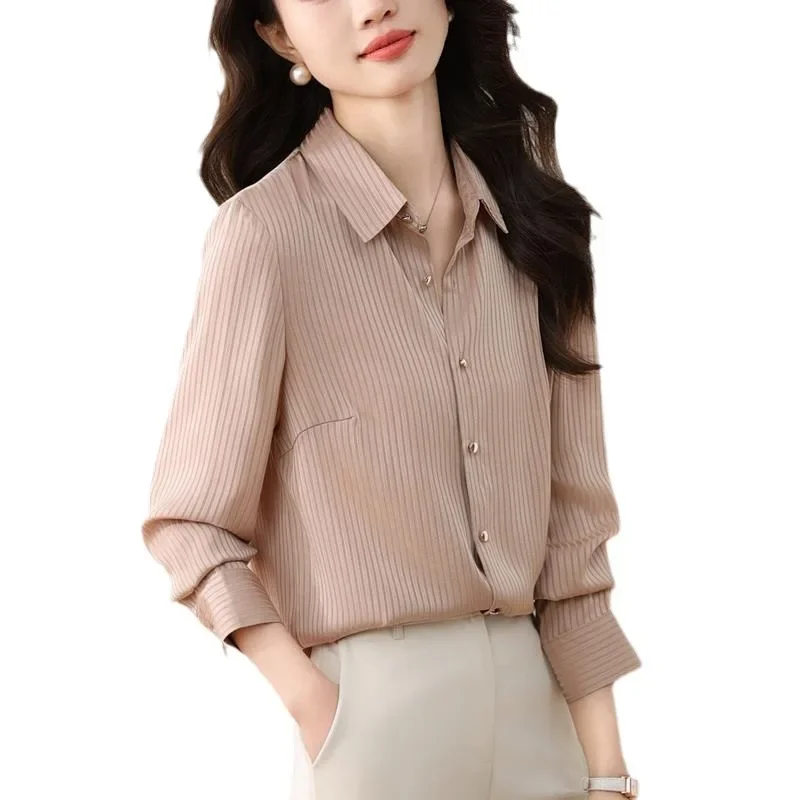 Модная высококачественная шелковая полосатая рубашка женская с длинным рукавом