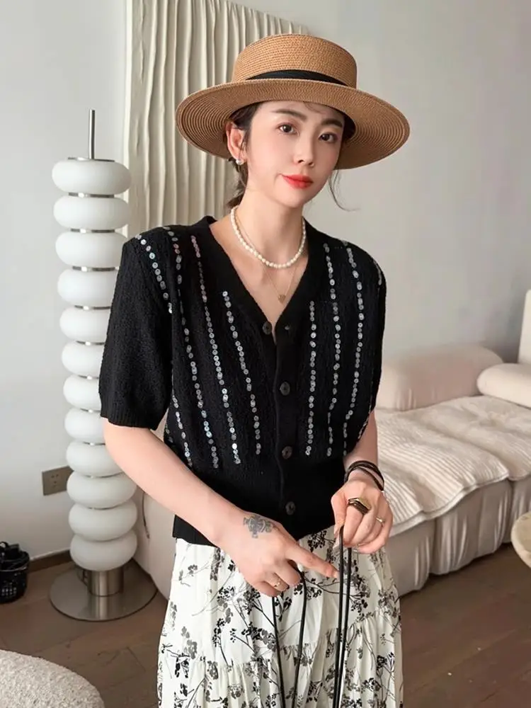 Мода Western Sle Heavy Industry с блестками в стиле пэчворк v-образным вырезом и короткими