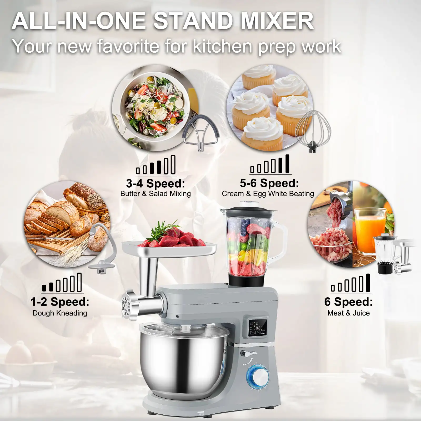 Mixer, 660 W, 6-speed Dough Mixer With Lcd Screen Timing